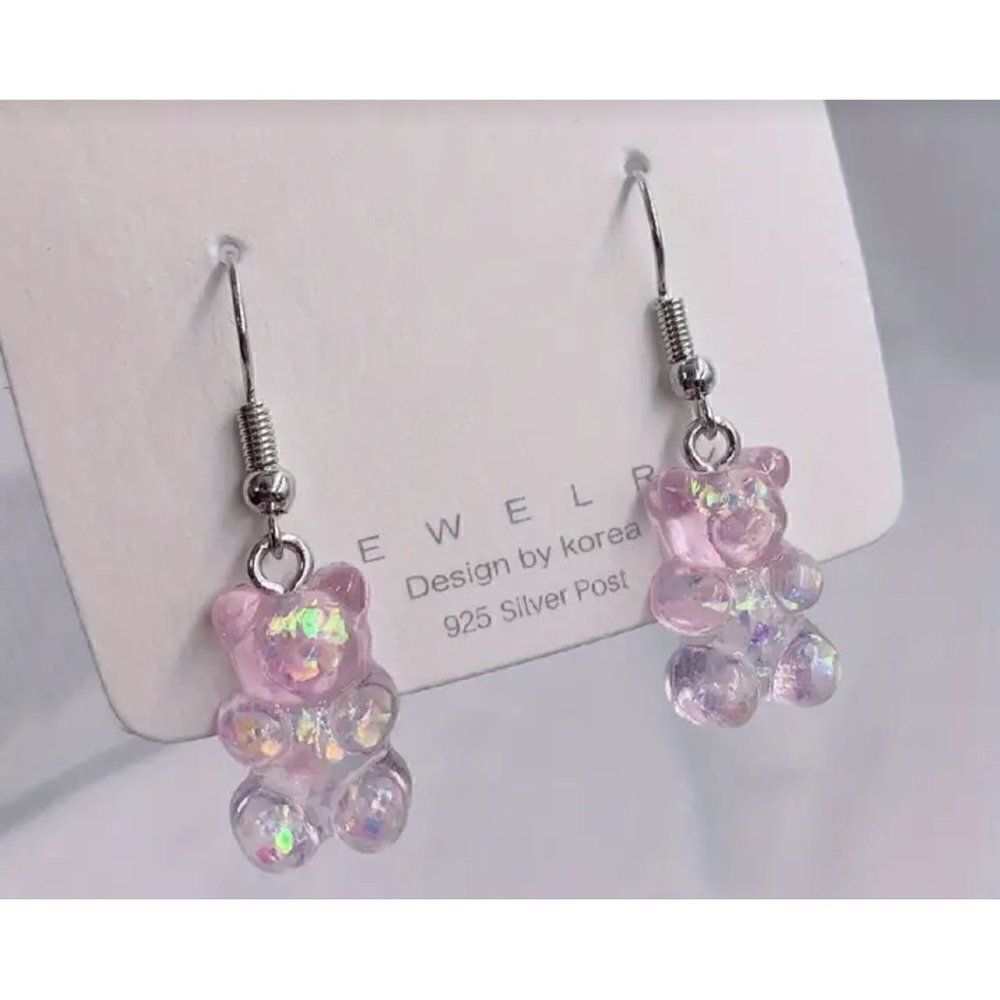 New! Adorable Pink Aurora Borealis Gummy Bear Dangle Earrings!